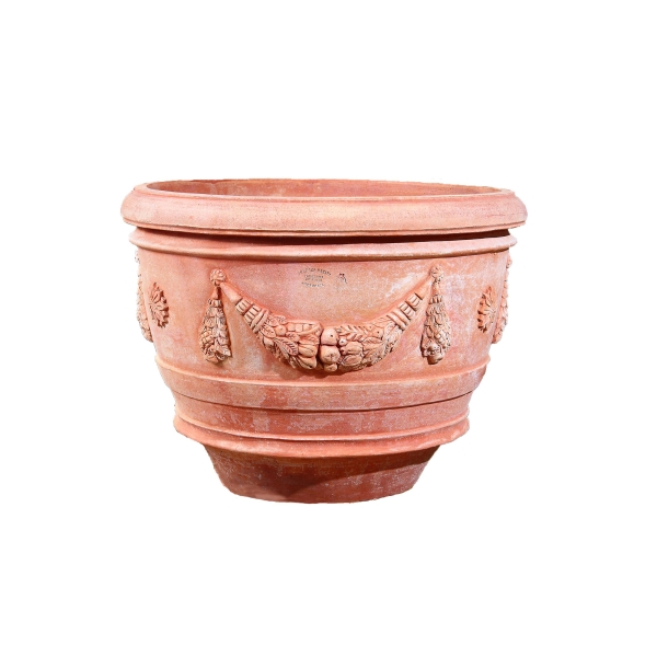 Terracotta-Topf Conca aus Impruneta – klassische Eleganz mit Girlanden und Rosetten